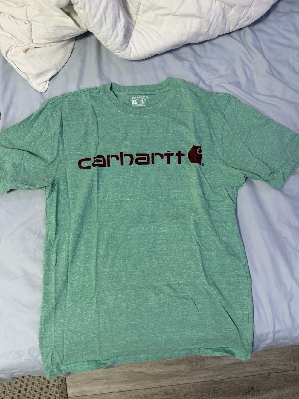 Carhartt Mint Green Short-Sleeve Logo Tee with Maroon Logo